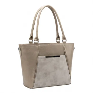 Голяма дамска чанта от еко кожа в бежов цвят с практично разпределение-1348