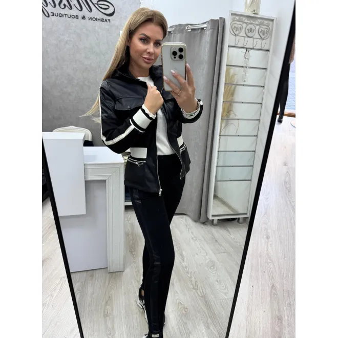 Спортно-елегантен дамски комплект от еко кожа и плат в черен цвят с качулка-1486