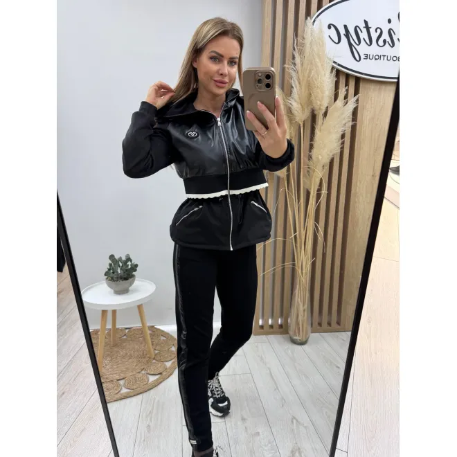 Дамски комплект от еко кожа и фино трико в черен цвят с ефектен дизайн-1513