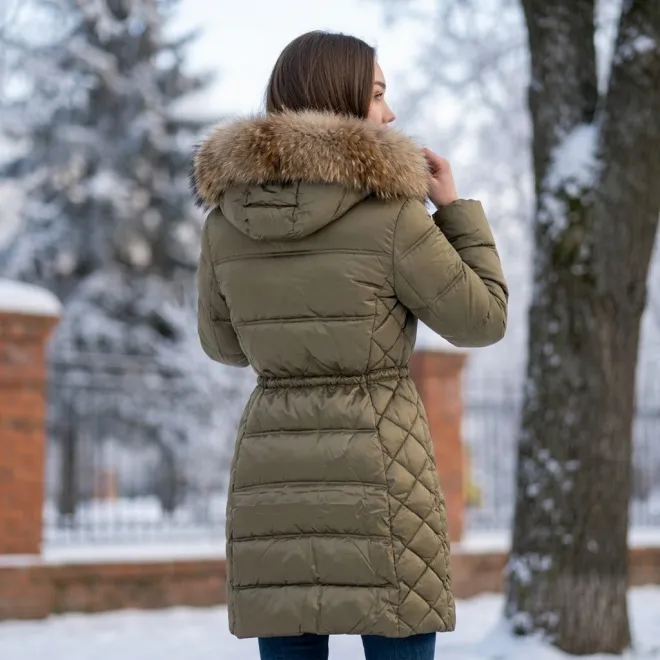 Елегантно дамско зимно яке в маслиненозелено с естествен пух на качулката и втален силует-2092