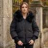 Ежедневно дамско черно зимно късо яке в свободна кройка с качулка и еко пух-2058