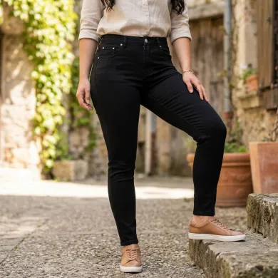 Дамски елегантни скини дънки в черен цвят с висока талия и ефектен декор на задния джоб-2126