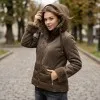 Зимно дамско елегантно късо яке в кафяв цвят от шушляк и еко велур с качулка и пухкави детайли-2100