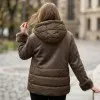 Зимно дамско елегантно късо яке в кафяв цвят от шушляк и еко велур с качулка и пухкави детайли-2100