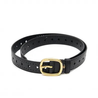  Черен дамски стилен колан от естествена перфорирана кожа на сърца със златиста катарама-4698