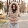 Удобно дамско елегантно зимно яке в бежов цвят с богат пух на качулката и колан-2044