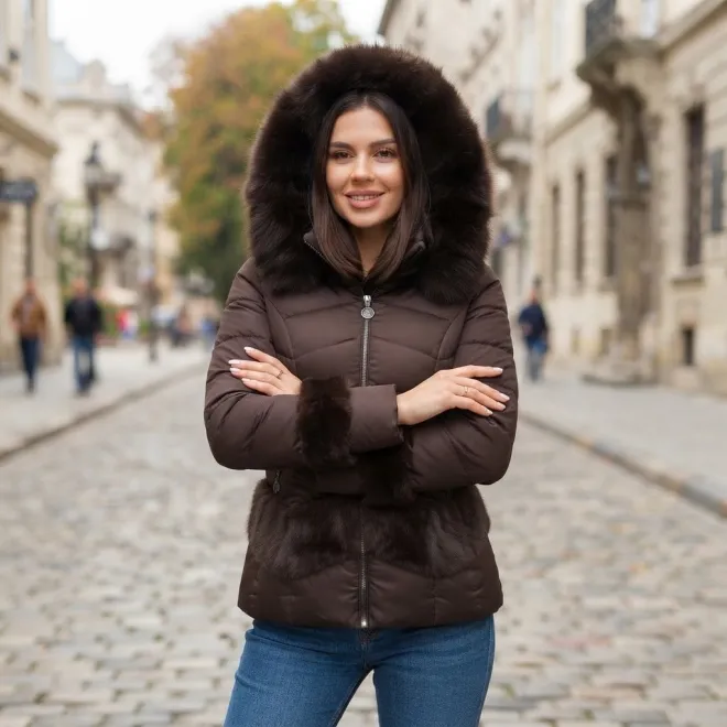 Дамско елегантно вталено зимно яке в тъмнокафяв цвят с качулка и еко пух-2042