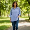 Модерна дамска риза на райе в светло синьо и бяло с декоративна бродерия-4717